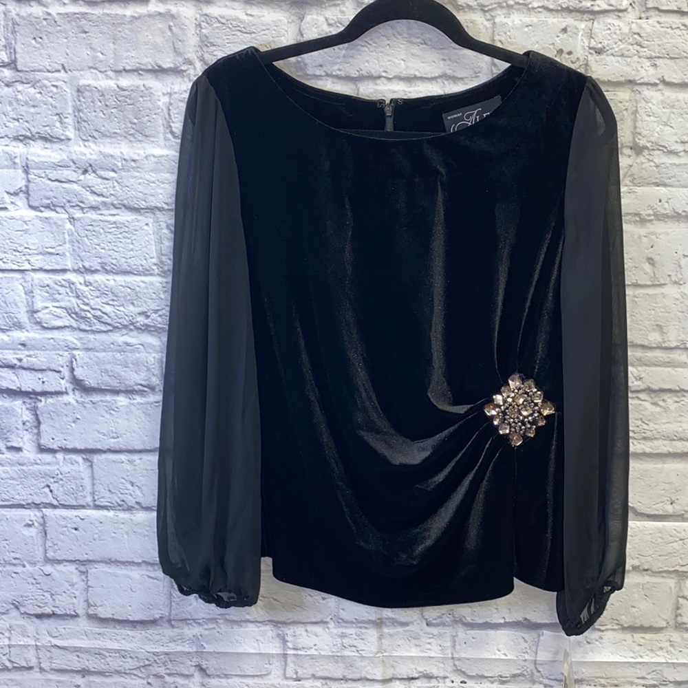 NWT Alex Evenings Black Velvet Blouse sheer Sleeve Rhinestone Holiday 1X